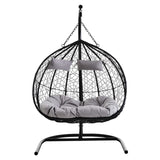 Black Rattan Effect Double Hanging Chair with Plush Grey Cushions