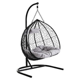 Black Rattan Effect Double Hanging Chair with Plush Grey Cushions