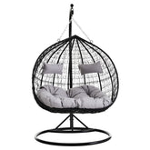 Black Rattan Effect Double Hanging Chair With Grey Cushions