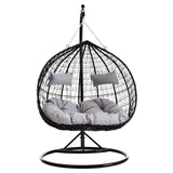 Black Rattan Effect Double Hanging Chair With Grey Cushions