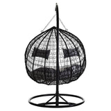 Black Rattan Effect Double Hanging Chair With Grey Cushions