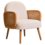 Ivory Fabric and Cane Chair with Elm Wood Legs