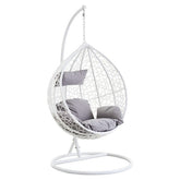 White Rattan Effect Hanging Chair with Grey Cushions