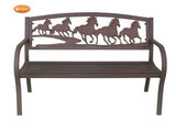 Steel framed cast iron bench with running horses