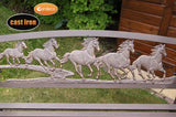 Steel framed cast iron bench with running horses