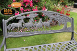 100% cast iron bench with horses and tree