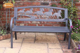 Steel framed cast iron bench with running horses
