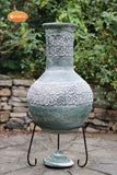 Extra-Large Edyth Mex chimenea Celtic style in grey-green finish, inc stand & lid