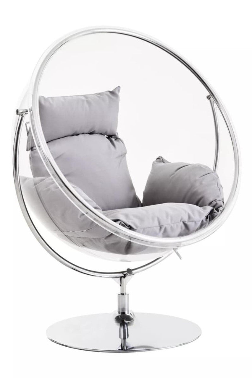 Clear Swing Chair With Grey Cushions