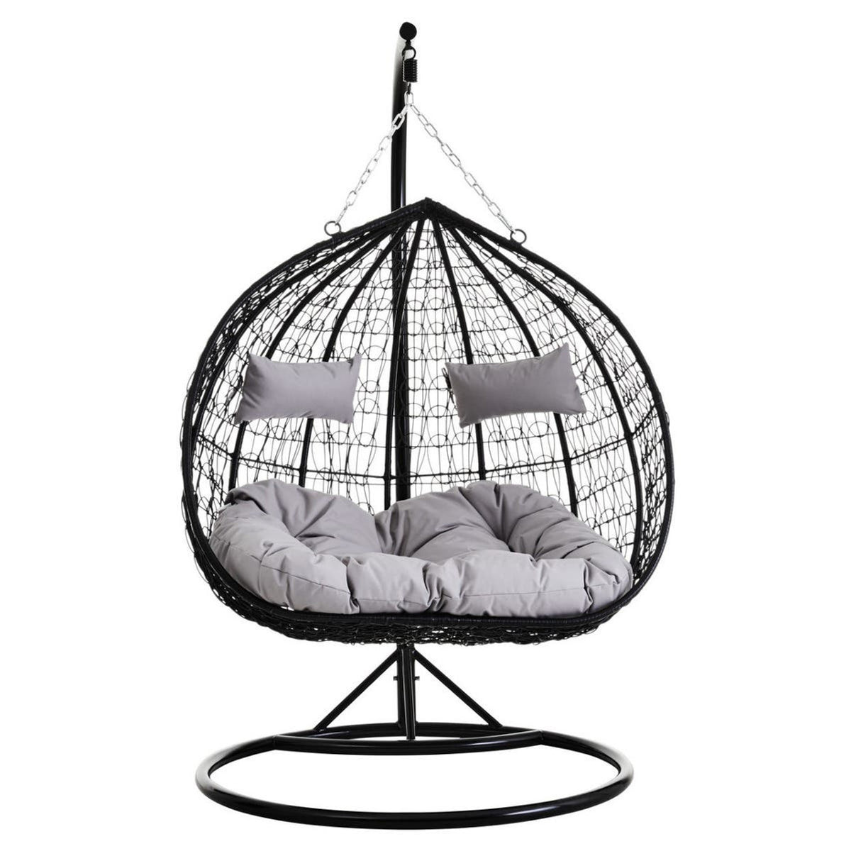 Black Rattan Effect Double Hanging Chair With Grey Cushions