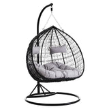 Black Rattan Effect Double Hanging Chair With Grey Cushions
