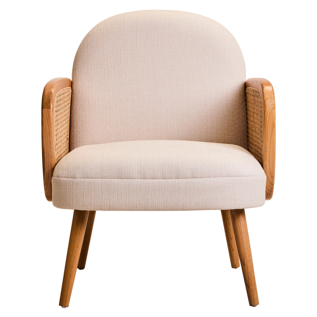 Ivory Fabric and Cane Chair with Elm Wood Legs