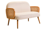 Ivory Fabric and Cane 2 Seat Sofa with Elm Wood Legs