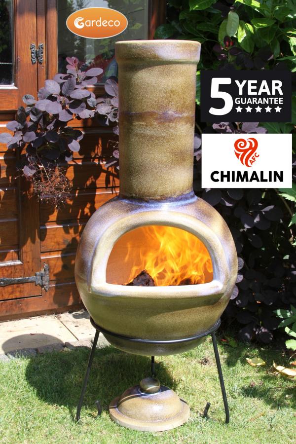 Sempra large Chimalin AFC chimenea in glazed matt brown gem, including lid & stand