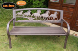 Steel framed cast iron bench with running horses