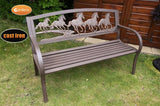 Steel framed cast iron bench with running horses