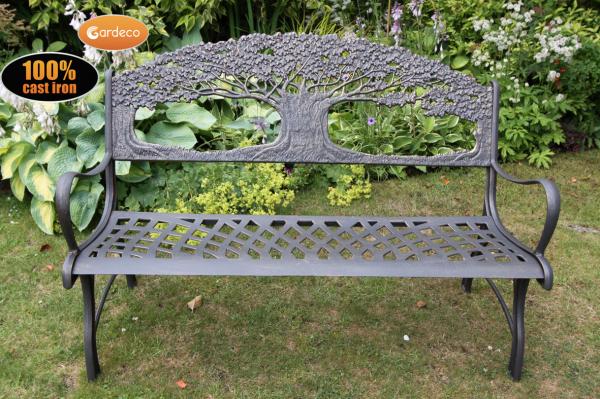 100% cast iron bench with tree