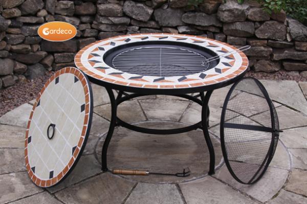 Traditional Tile Mosaic Fire Bowl Table inc BBQ Grill and Matching Closing Lid