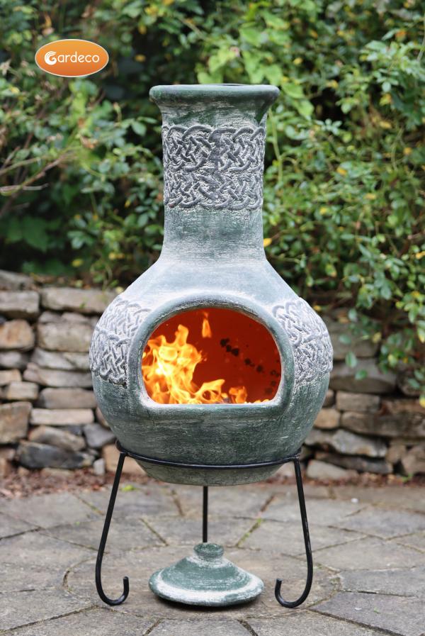 Extra-Large Edyth Mex chimenea Celtic style in grey-green finish, inc stand & lid