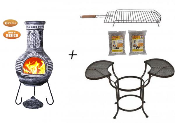 BBQ bundle pack containing 1 x EL clay chim C8AZ.55, 1 cradle, 1 x BBQ grill 2 bags of lava stones